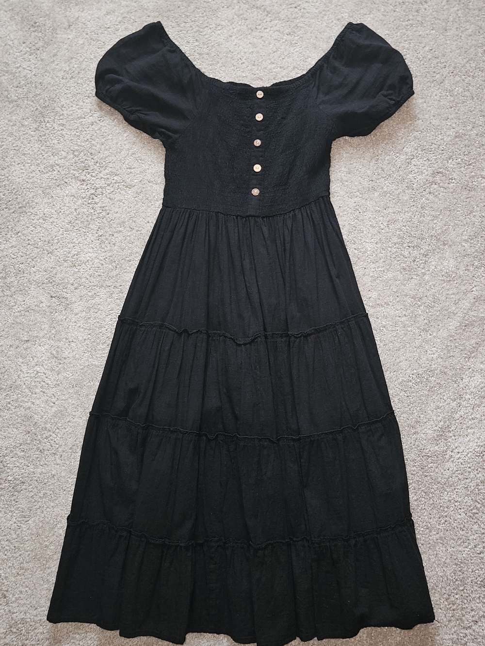 Women's Black Puff-Sleeve Tiered Maxi Dress with Button Front